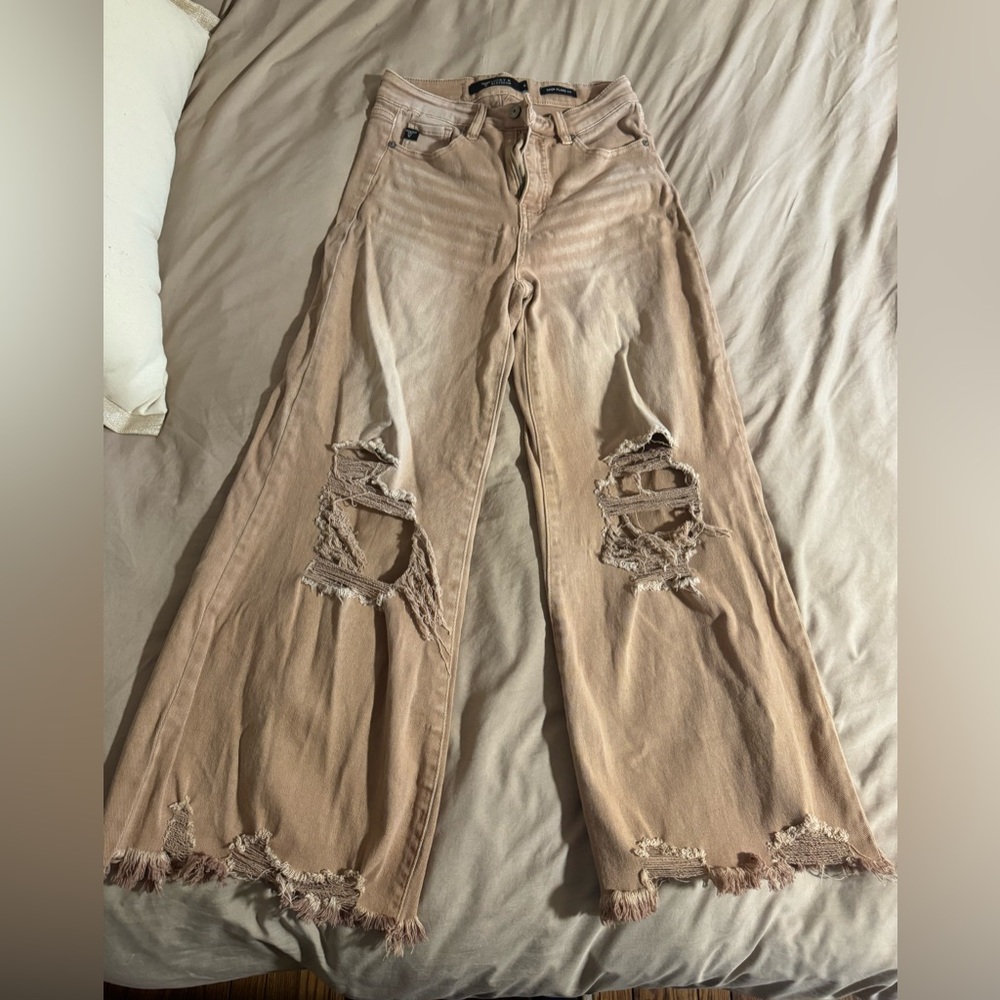 Stylish Distressed Beige Cropped Flare Fit Jeans